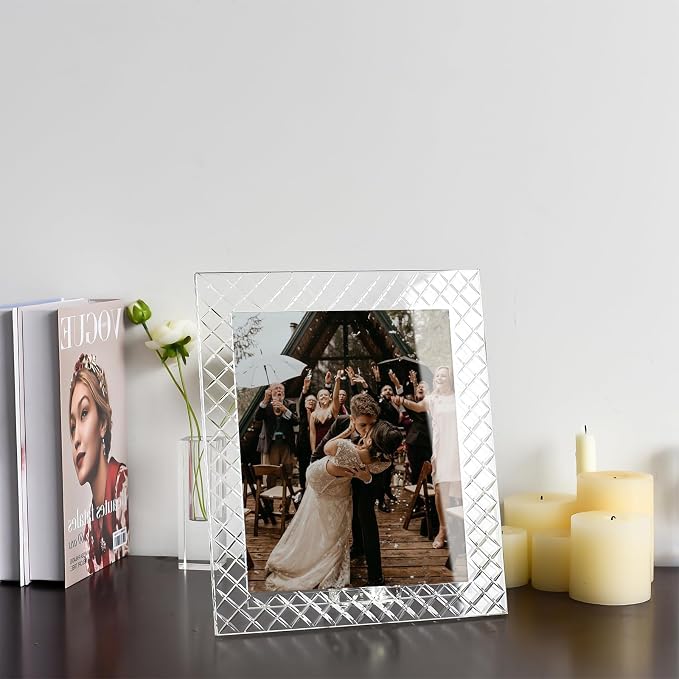 8''x 10'' Crystal Picture Frame for Wedding, Elegant Glass Photo Frame for Home & Office Decor, Decorative Design for Tabletop Display, Includes Luxury Gift Box (8x10inch)