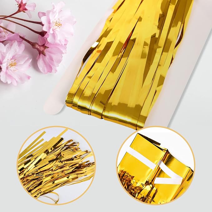 100 Pack Gold Foil Fringe Backdrop Curtains 3.2ft x 8.2ft Gold Tinsel Foil Fringe Curtains for Birthday Party Decorations Photo Booth Backdrop for Halloween Christmas New Year Holiday Decorations