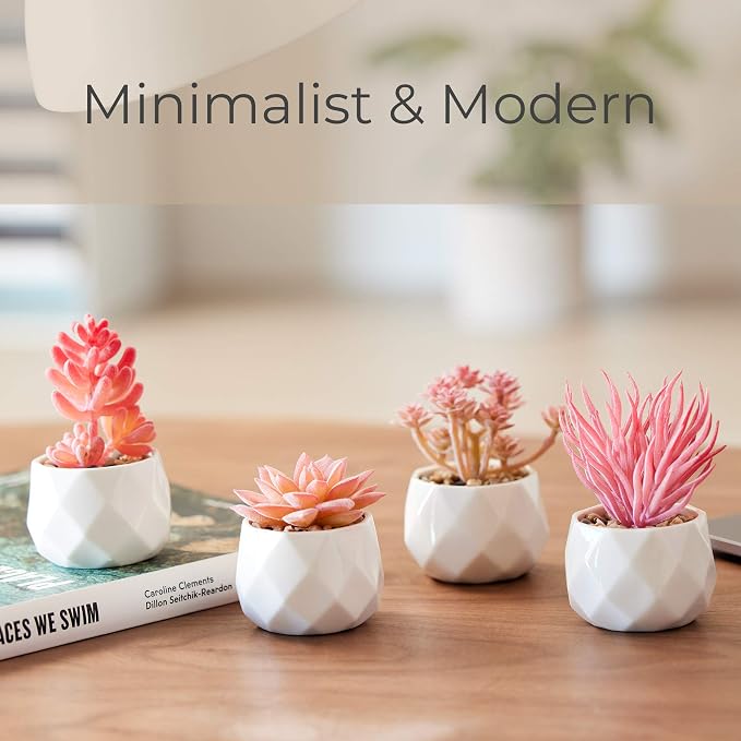 Nordik Set of 4 Desk Plants - Office Decor for Women Desk, Indoor, Living Room, Bedroom, Home and Desk Decor – Pink Faux Succulents in white Geometric Ceramic Planters