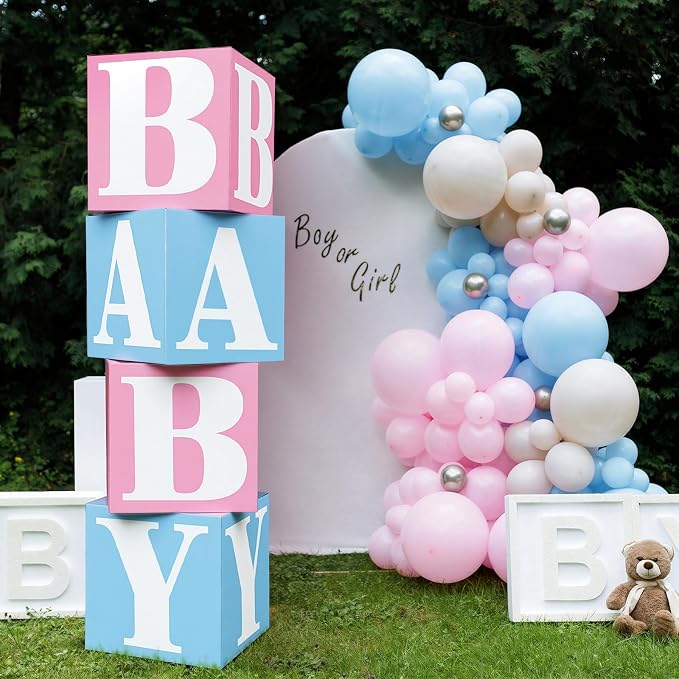 AmazingSpark 4 Pcs Gender Reveal Decorations Baby Boxes with Letters Baby Gender Reveal Pink and Blue Box Decor with Letters B A B Y Blocks Design for Party Backdrop