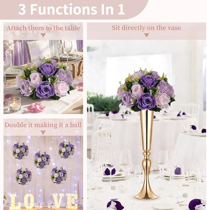 NUPTIO Artificial Flower Ball Centerpieces: 6 Pcs Lilac & Purple & Pink Rose Arrangements for Wedding Party Tables - Faux Silk Floral DIY Kissing Balls for Home Event Dining Decorations