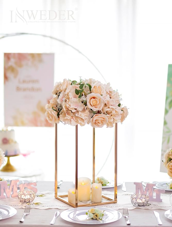 Gold Metal Cube Vase Stand for Wedding Centerpieces, 15.75in Tall, 2 Pcs | Columnar Cube Shape, Easy to Assembly, Flowers Cakes Drinks Display Table Centerpieces for Wedding Party Event