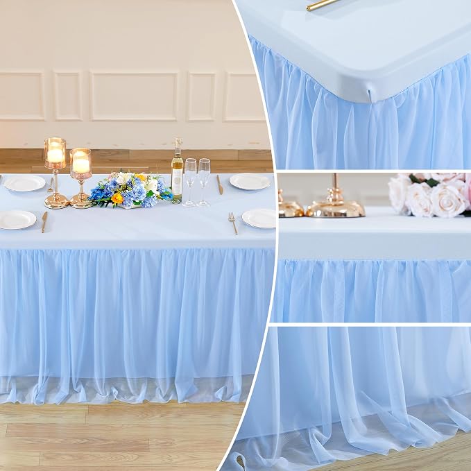 6ft Baby Blue Tulle Tablecloths for Rectangle Tables Light Blue Table Cloths Rectangle Wrinkle Free Stretch 6 Foot Table Cover with Tutu Skirt for Baby Shower Boy Birthday Party Banquet Buffet Cake