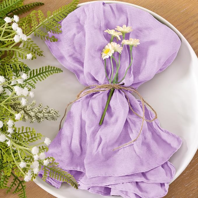 25pcs Lilac Cheesecloth Napkins Mother‘s Day Spring Washable Boho Rustic Gauze Table Cloth Napkins Bulk 21x21 Inches for Wedding Party Bridal Baby Shower Birthday Table Decor