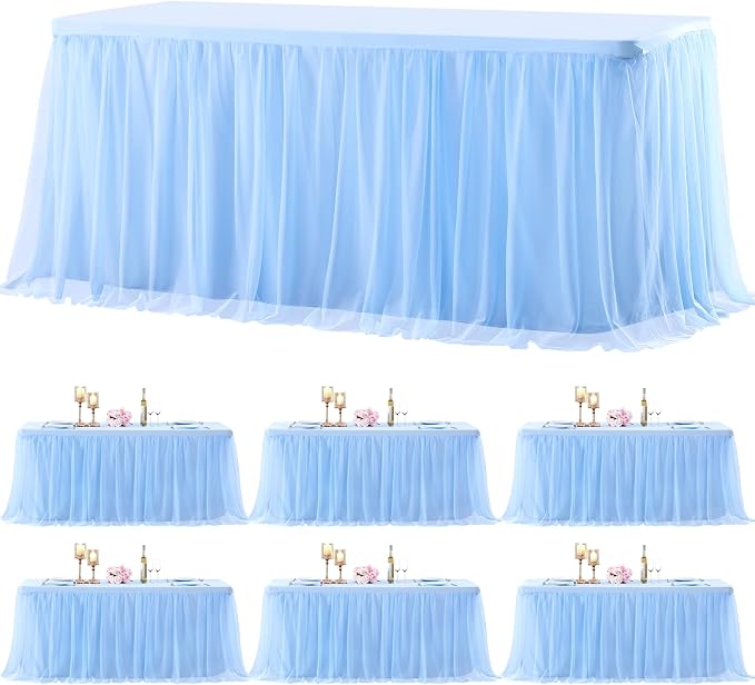 6 Pack Baby Blue Table Cloth for 8 Foot Rectangle Tables, Stretch Fitted Tulle Table Covers Skirt, Rectangular Ruffle Tutu Tablecloth Wedding Baby Shower Baby Shower Cake Tablecloths