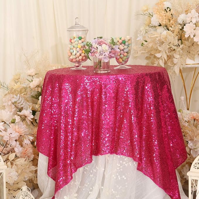 Eternal Beauty Hot Pink Tablecloth, 50x50 Inch Sequin Square Table Cover for Mother's Day Cake Dessert Exhibition Party Birthday Events
