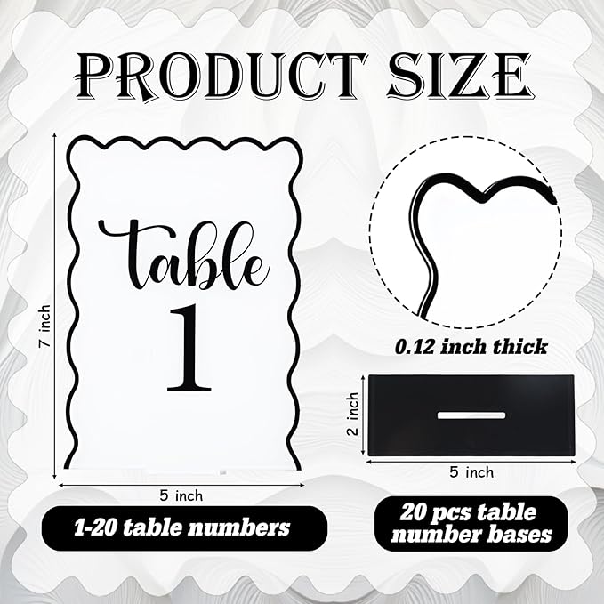 Black and White Wave Acrylic Table Number 1-20 with 20Pcs Stands, 5"x7" Table Centerpiece Decor for Indoor Outdoor Birthday Baby Shower Wedding Bridal Shower Anniversary Party Reception