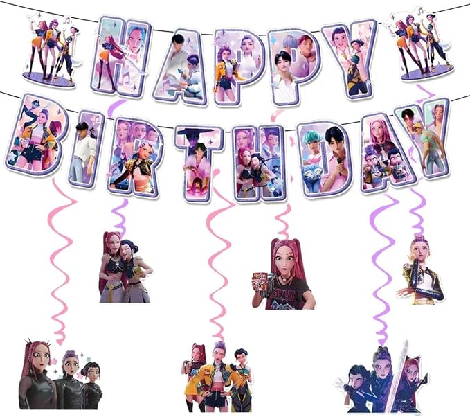 48Pcs Demon Movie Hunters Birthday Party Supplies, Party Decorations Set Include Banner, Balloons, Hanging Swirls, Cake Cupcake Toppers, Tablecloth for Boys Girls Demon Hunters Theme Party