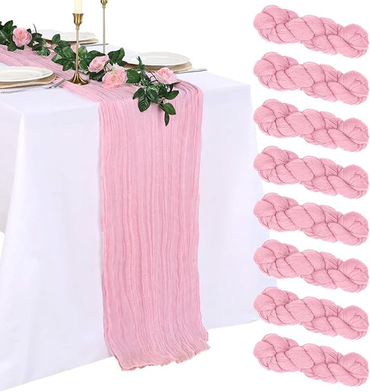 8 Pack Pink Cheesecloth Table Runner 10ft Boho Gauze 120 Inch Cheese Cloth Table Runner Rustic Sheer for Spring Holiday Baby Shower Party Décor Home Wedding Decoration