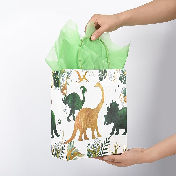 DjinnGlory 36 Pack Medium T-Rex Dinosaur Dino Themed Gift Bags with Handles and Green Tissue Paper for Boys Girls Kids Birthday Party Favors Goodies Treats,10x8x4 Inch (2 Assorted Designs)