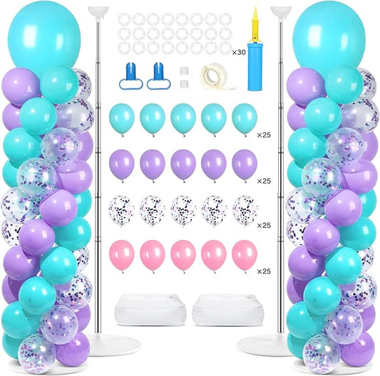 2 Sets Pink Purple Blue Balloon Column Stand Kit with 100 Balloons Adjustable Balloon Tower Stand with Bases for Floor Confetti Balloons Column Kit for Summer Mermaid Graduation Birthday Party Decor