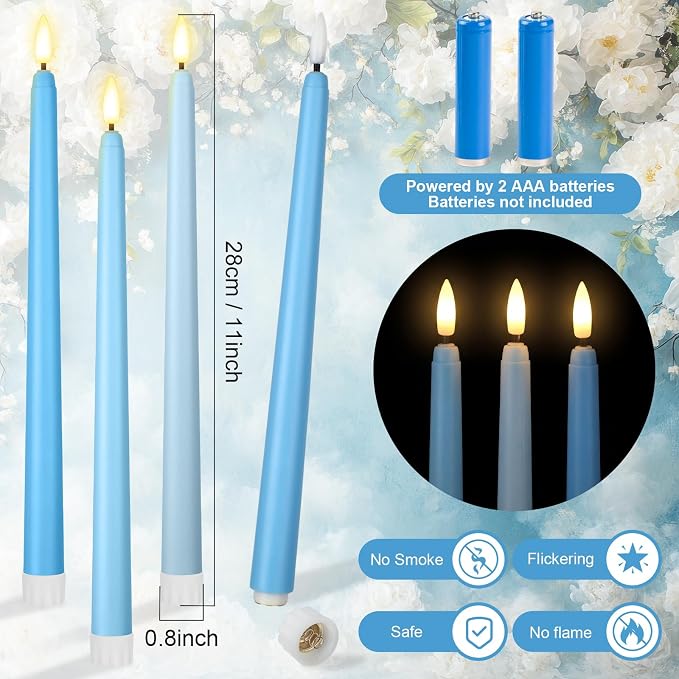Macarrie 24 Packs Flameless Taper Candles Battery Operated Fake 11 Inch Long Candlelight LED Flameless Candlesticks Flickering Tapered for Summer Fall Wedding(Mixed Blue)