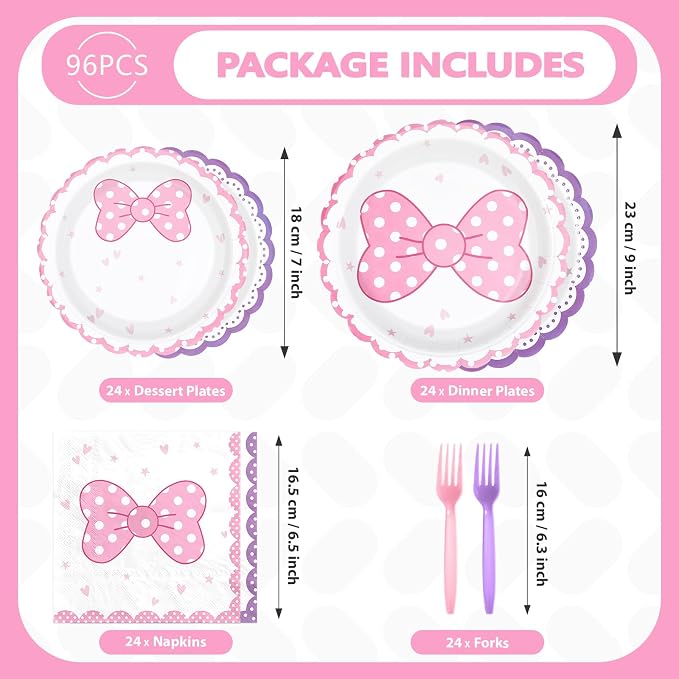 96Pcs Cartoon Mouse Party Decorations Cute Mouse Birthday Paper Plates and Napkins Tableware Sets Pink and Purple Bows Themed Decor for Girls Holiday Birthday Party Supplies Serves 24