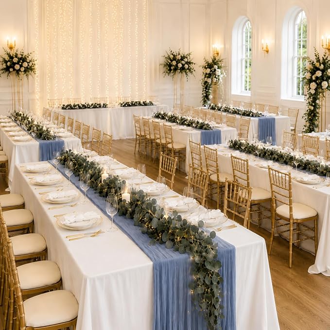 Cinrobiye 12 Pack Boho Wedding Table Decor Set, 6 White Tablecloths and 6 Cheesecloth Table Runners, Gauze Table Runner and Tablecloth Kit for Wedding Baby Shower Bridal Shower Party Reception(Blue)