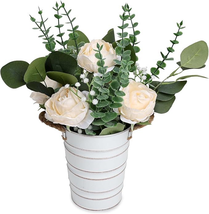 Artificial Flowers in Pot - 10 Inches Pre-Made Large Faux Silk Rose Floral Greenery Table Centerpieces with Rustic Tall Metal Vase for Farmhouse Home Decoration - Champagne