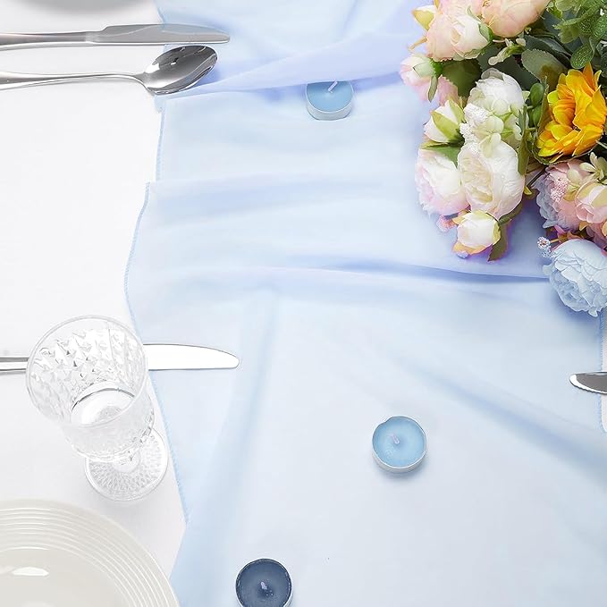 Dusty Blue Glitter Chiffon Table Runner 35x120 Inches 6 Pack for Outdoor Patio BBQ Home Dining Table Decor