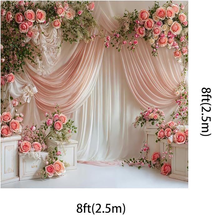 Kate 8x8ft Wedding Backdrop Curtain Pink Floral Decor for Ceremony Photography Background Romantic Bridal Shower Party Photo Booth Props with Rose Garland Drapes