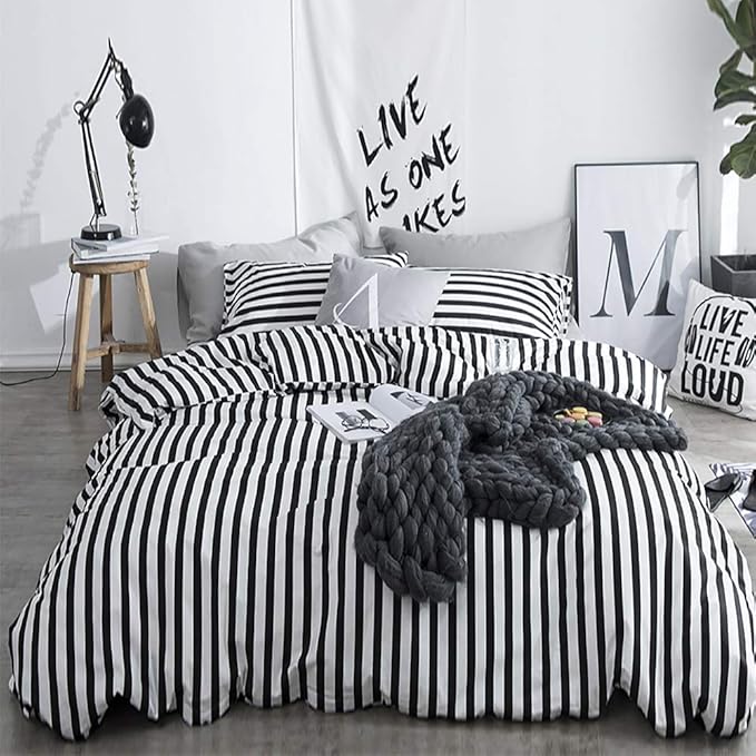 KAREVER White and Black Stripes Comforter Set Cal King Women Bedding Set Soft Durable Girls White Striated Bedding Set Hotel Quality Blanket
