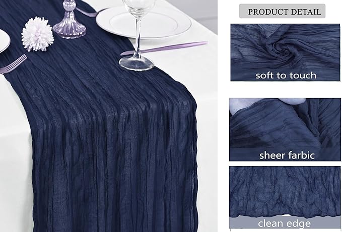 MDS Pack of 25 Cheesecloth Table Runner 35x120 Inch, 10FT Long Gauze Cheese Cloth Table Runner for Wedding Party Birthday Bridal Shower Farmhouse Garden Boho Rustic Table Decoration - Navy Blue