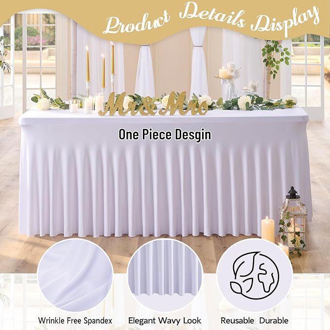 leegleri 6 Pack White Spandex Table Clothes for 6 Foot Rectangle Tables, Wrinkle Free 6ft FittedTable Cover, Spandex Table Skirt for 6FT Rectangle Tables-for Banquet Weddings Parties
