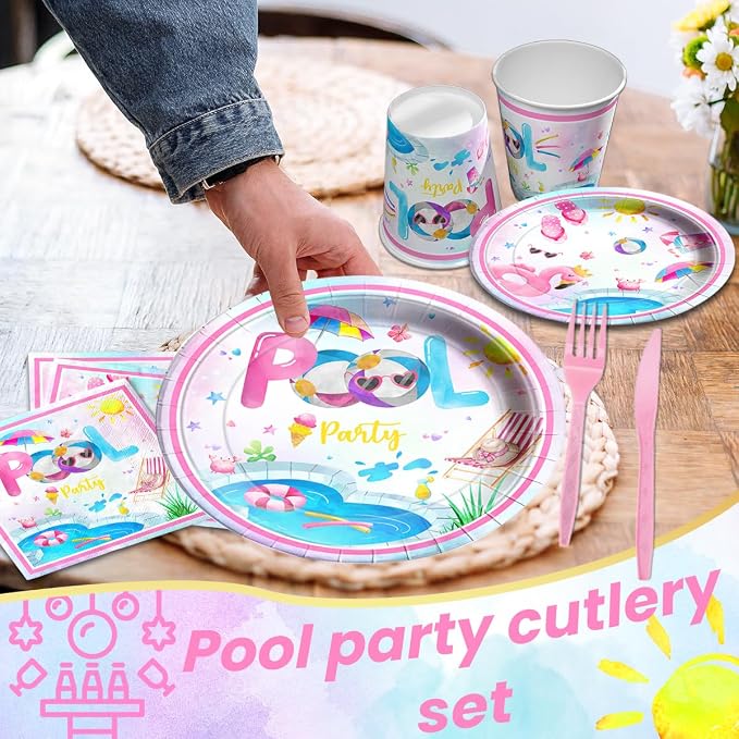 Pool Party Supplies,141pcs Pink Pool Birthday Tableware Decorations Pool Party Plates Cups Summer Theme Napkins Beach Ball Tablecloth for Hawaii Party Decoration