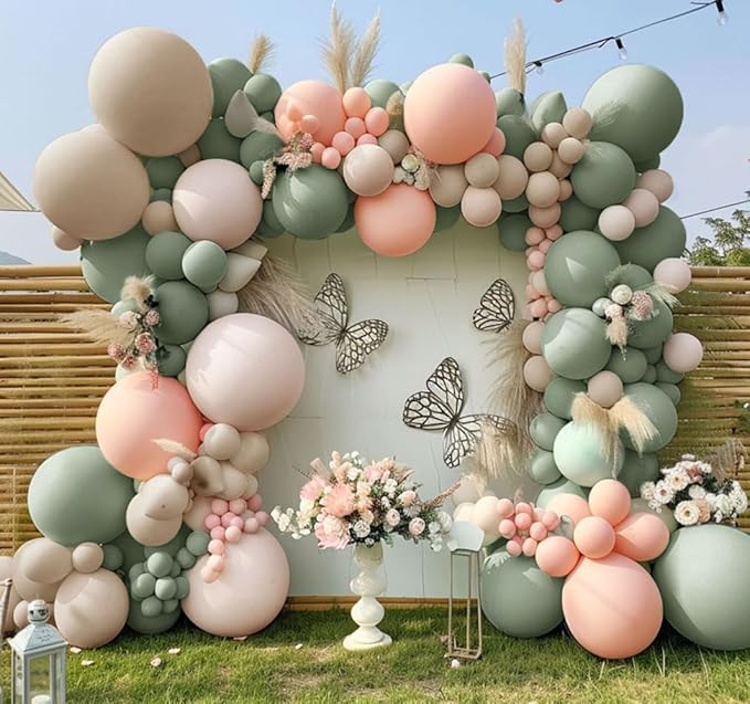Dusty Green Pink Balloon Garland Double Stuffed Blush Pink Cream Sage Green Peach Sand White Balloon Arch Kit for Baby Bridal Shower Wedding Birthday Spring Party Decoration