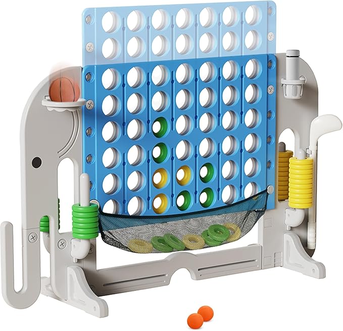 Giant 4 in a Row Connect Game, Adjustable Height (2.6FT-4.3FT) Jumbo 4-to-Score Yard Game Set with Basketball, Golf & Ring Toss, Elephant Design Outdoor Indoor Family Yard Party Game for Kids & Adults