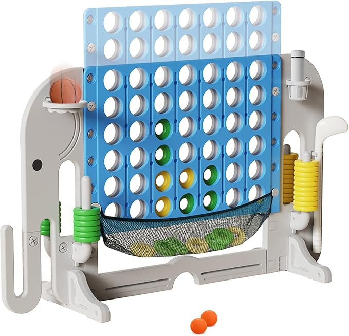 Giant 4 in a Row Connect Game, Adjustable Height (2.6FT-4.3FT) Jumbo 4-to-Score Yard Game Set with Basketball, Golf & Ring Toss, Elephant Design Outdoor Indoor Family Yard Party Game for Kids & Adults