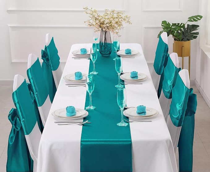 Horbaunal 12 Pack Teal Satin Table Runner 12 x 108 Inch, Smooth Table Runners for Wedding Banquets Birthday Party