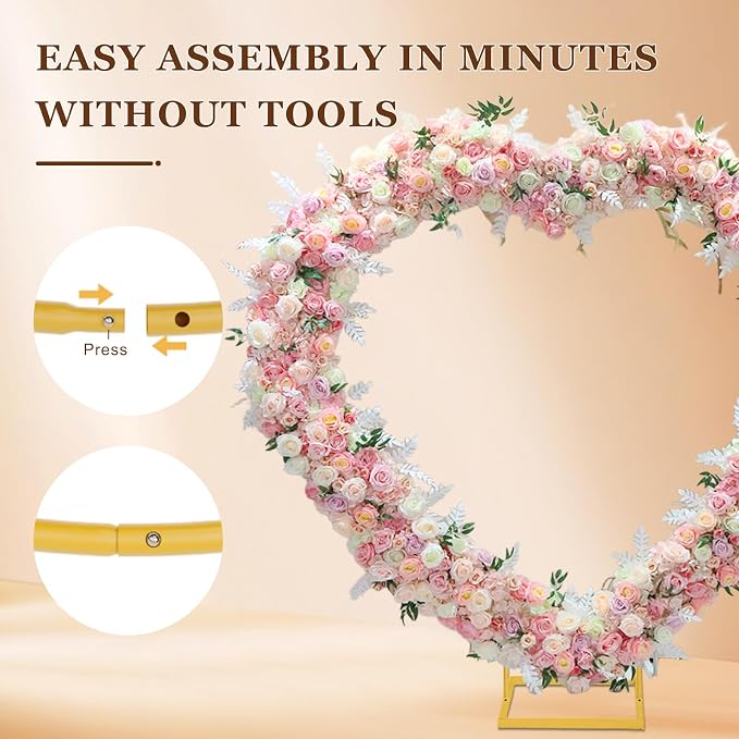 Heart Shaped Metal Balloon Arch Kit,6.6ft Wedding Heart Arch Backdrop Stand,with Water Bag for Proposal, Wedding, Valentine’s Day, Bridal, Birthday Party Decorations (Gold-Regular-S)