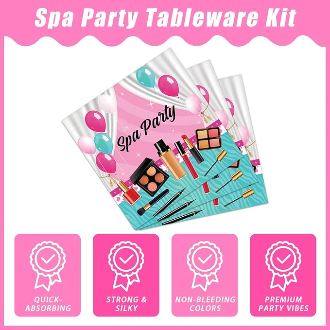 Kepeel 96 Pcs Spa Party Plates and Napkins Set, Spa Day Makeup Party Supplies Decorations for Girls Kids Princess Sweet Pink Make up Theme Birthday Party Tableware Kit, Serves 24