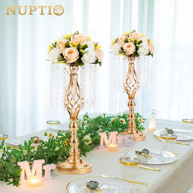 10 Pcs 19.3 inches Tall Crystal Flower Stand Wedding Road Lead Tall Flower Holders Centerpiece Crystal Flower Chandelier Metal Flower Vase for Reception Tables Wedding Supplies