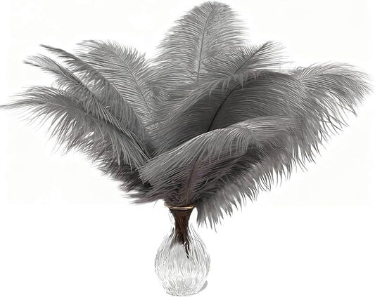 Piokio 40pcs Natural Grey Ostrich Feathers 10-12 inch (25-30cm) Bulk Feathers for Wedding Party Centerpieces, Home Decoration and DIY Clothing, Gatsby Decorations