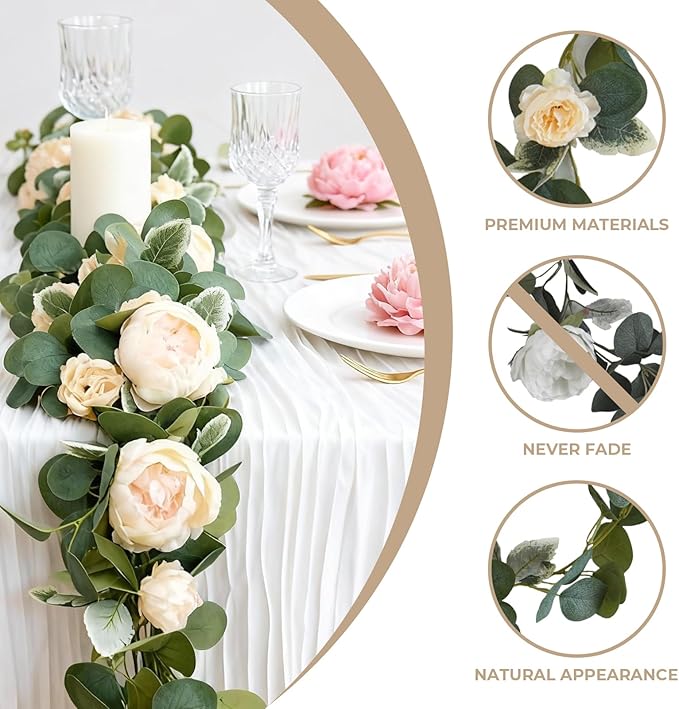 2Pcs Champagne Artificial Flower Garland-13.12Ft Silk Fake Peony Vine with Leaves,Greenery Decorative Hanging Faux Flowers Vines for Birthday Home Living Room Wedding Party Wall Arch Decor