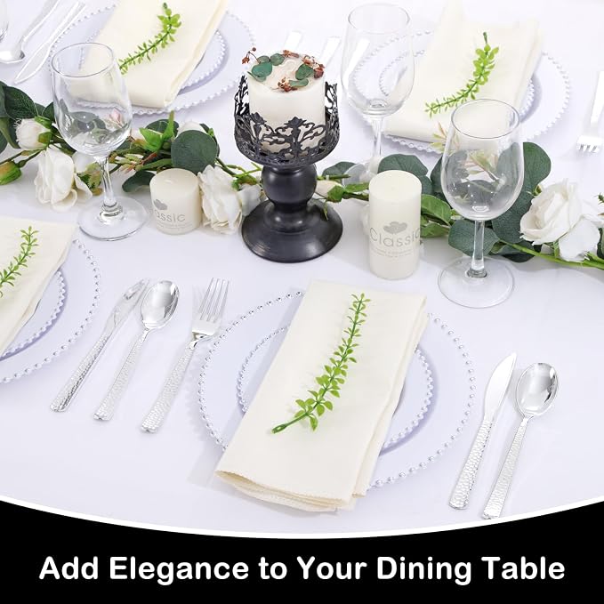 Supernal 180Pcs Silver Plastic Silverware Set, Elegant Hammered Design Heavy Duty Disposable Cutlery, Includes 60 Forks, 60 Knives, 60 Spoons,Silver Plastic Utensils for Wedding, Parties,Events