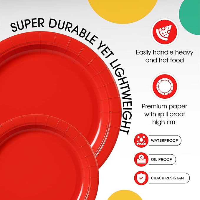 Exquisite Red Paper Plates Disposable Heavy Duty 100 Pcs - 50-7" & 50-9" Red Disposable Plates For Party Heavy Duty Paper Plate 350 GSM Birthday Party Supplies Plate Set