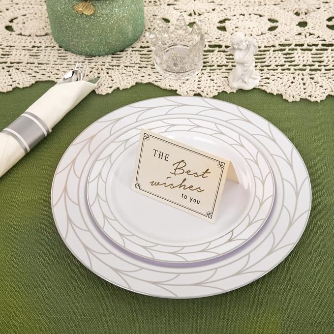 COLOSUS 100pcs Disposable Silver Plastic party plates, Heavy Duty Silver White Plastic Plates set 50 Dinner Plate, 50 Salad Plate for Wedding, Birthday, Party dinner