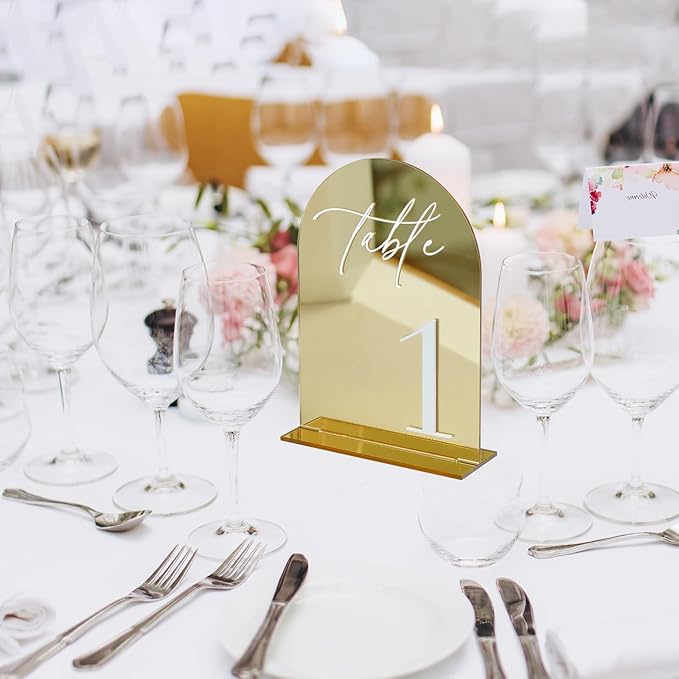 Gold Mirror Arch Acrylic Wedding table numbers 1-20 with Stands, 5"x7" Arched Acrylic Signs with White Numbers, Gold Mirror Table Numbers for Reception, Party, Anniversary, Event