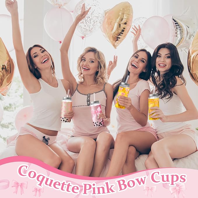 Skylety 30 Pcs Coquette Bow Aesthetic Cup Plastic Tumbler with Lids and Straws 13.5 oz Reusable Cute Plastic Cups for Women Sea Summer Birthday Bridal Wedding Party Supplies