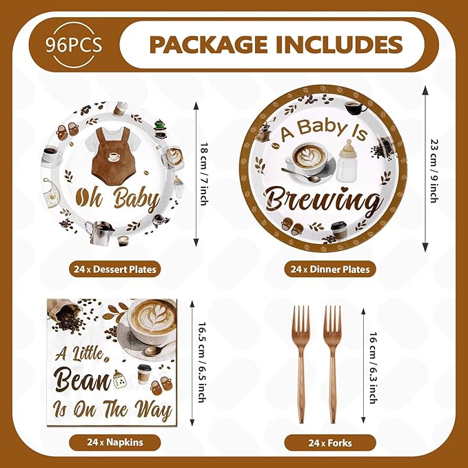Grencian Coffee Baby Shower Decorations - 96Pcs A Baby Is Brewing Baby Shower Plates and Napkins Gender Reveal Disposable Tableware Set for Boys Girls Coffee Themed Party Decorations Serve 24