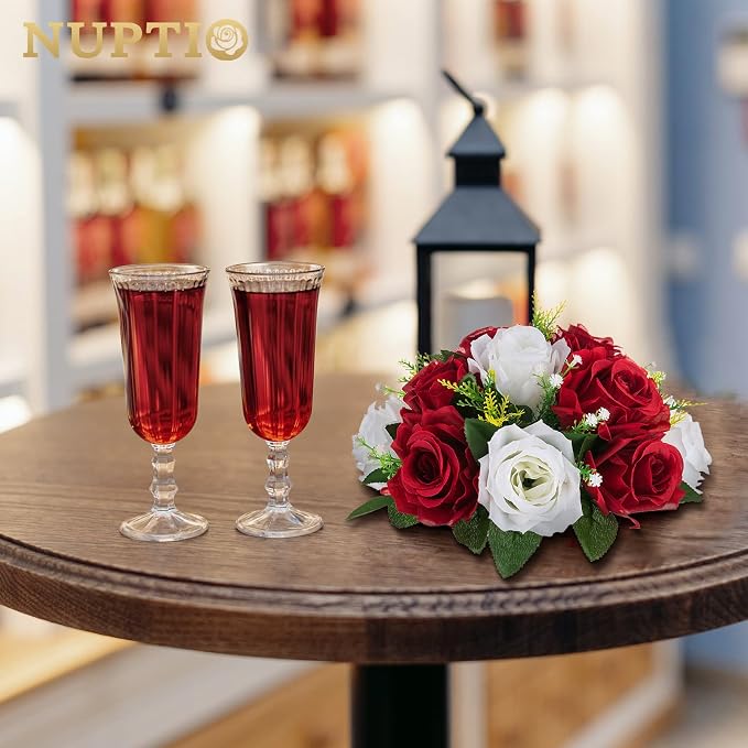 NUPTIO Artificial Flower Centrepieces for Tables - 6 Pcs Crimson & White Fake Flowers Roses Balls 9.5in Diameter - Silk Faux Rose Arrangement for Wedding Party Centerpiece Table Decorations | Crimson & White, Silk Floral Balls Arrangement, for Birthday...