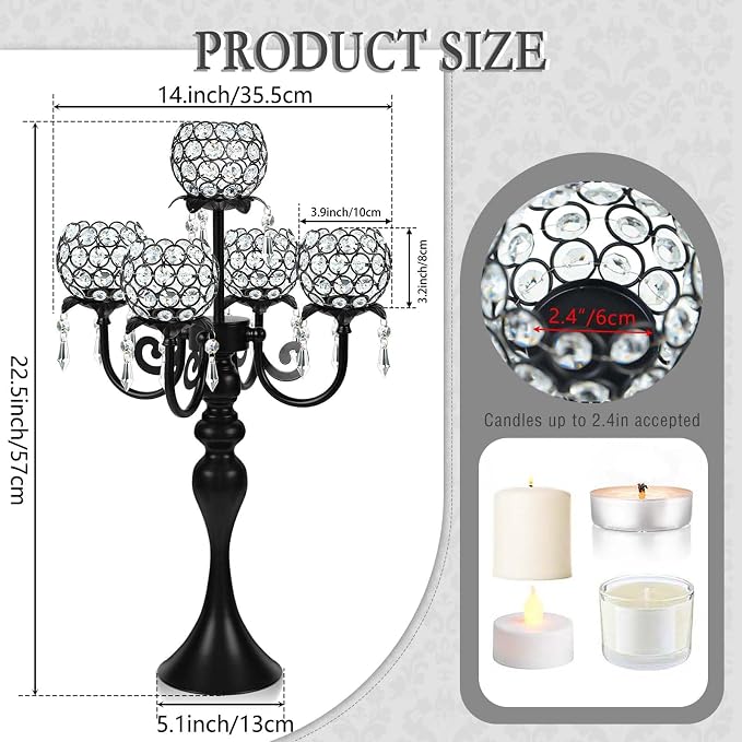 2Pcs Elegant 5-Arm Tea Light Crystal Candle Holder with Pendant Chain & Round Crystal Bowl - 22.5 Inch Tall Black Wedding Table Centerpiece for Holiday Events, Parties & Home Decor