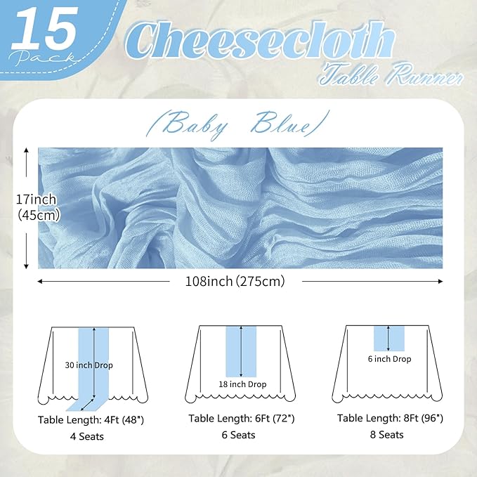 15 Pack Baby Blue Cheesecloth Table Runner 17 x 108 inch Cheese Cloth Table Runners 9ft Blue Table Runner Rustic Romantic Sheer Gauze Runner for Wedding Party Baby Shower Table Decoration