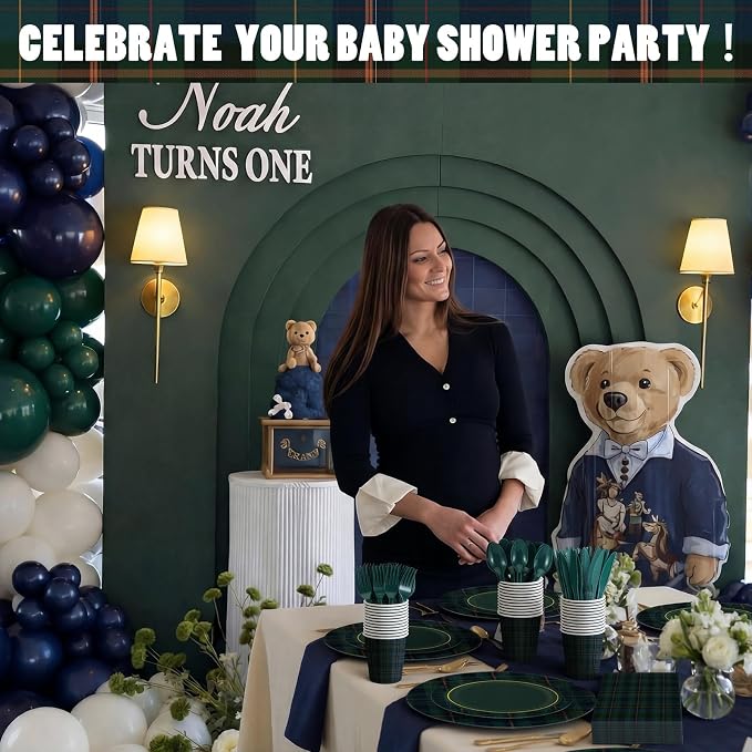 168 Pcs Green Blue Tartan Plaids Baby Shower Decorations We Can Bearly Wait Birthday Tableware Set Navy and Green Plaid Disposable Paper Plates Cups Utensils Serves 24