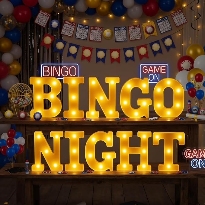 Honoson 10 Pcs Bingo Night Decorations Lights up Sign 6.42 Inch Bingo Theme LED Neon Sign Marquee Lights Supplies for Family Game Night Birthday Party Decor