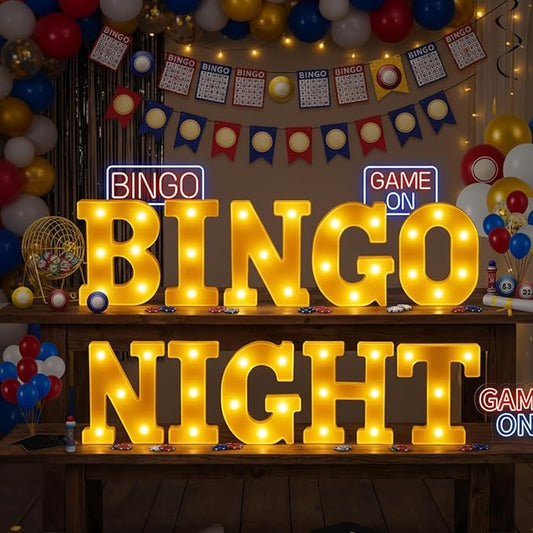 Honoson 10 Pcs Bingo Night Decorations Lights up Sign 6.42 Inch Bingo Theme LED Neon Sign Marquee Lights Supplies for Family Game Night Birthday Party Decor