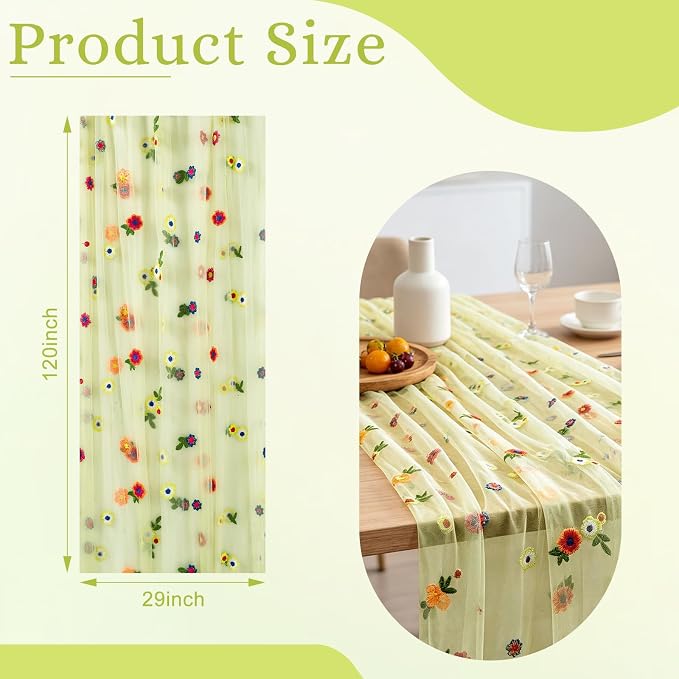 BINBE 3pcs Daisy Spring Table Runner Embroidery Gauze 10FT Florals Seasonal Tulle Holiday Birthday Kitchen Dining Table Decor for Home Party Green