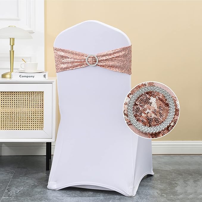 Pack of 50 All Around Rose Gold Sequin Chair Sashes for Wedding Decor, Sequins Chair Bands with Silver Buckles for Party Baby Shower Fiestas Decorations, Glitter Rose Gold Chair Sashes