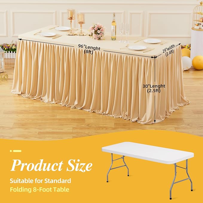 6 Pack Dark Champagne Tablecloths for Rectangle Tables 8ft, Wrinkle Resistant Champagne Table Cover Fitted Stretch Table Cloth with Pleated Ruffle Skirts for Party Banquet Dining Birthday Wedding