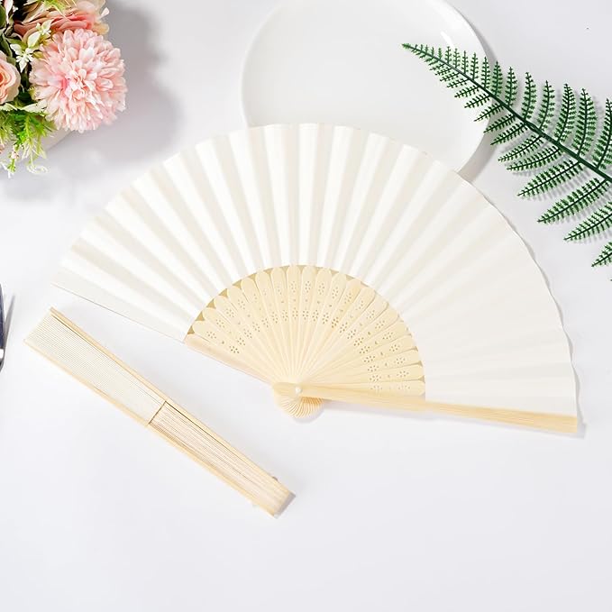 Sepwedd 50pcs Cream-Coloured Paper Hand Fan Bamboo Folding, Handheld Paper Fan for Wedding Party and Home Decoration